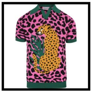 Oxknit  Men's Retro Knit Polo – Vintage Pink Leopard Print with Cheetah Graphic